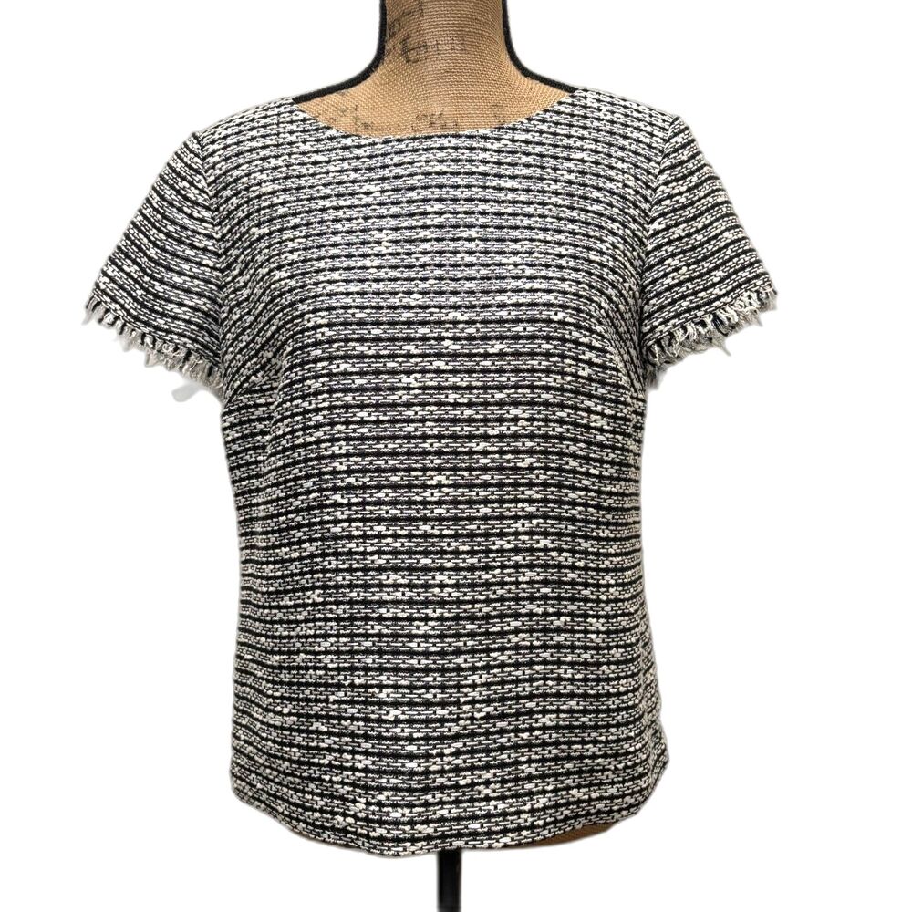 Talbots Tweed Short Sleeve Top Black White Metallic Fringe Holiday Party Size 6